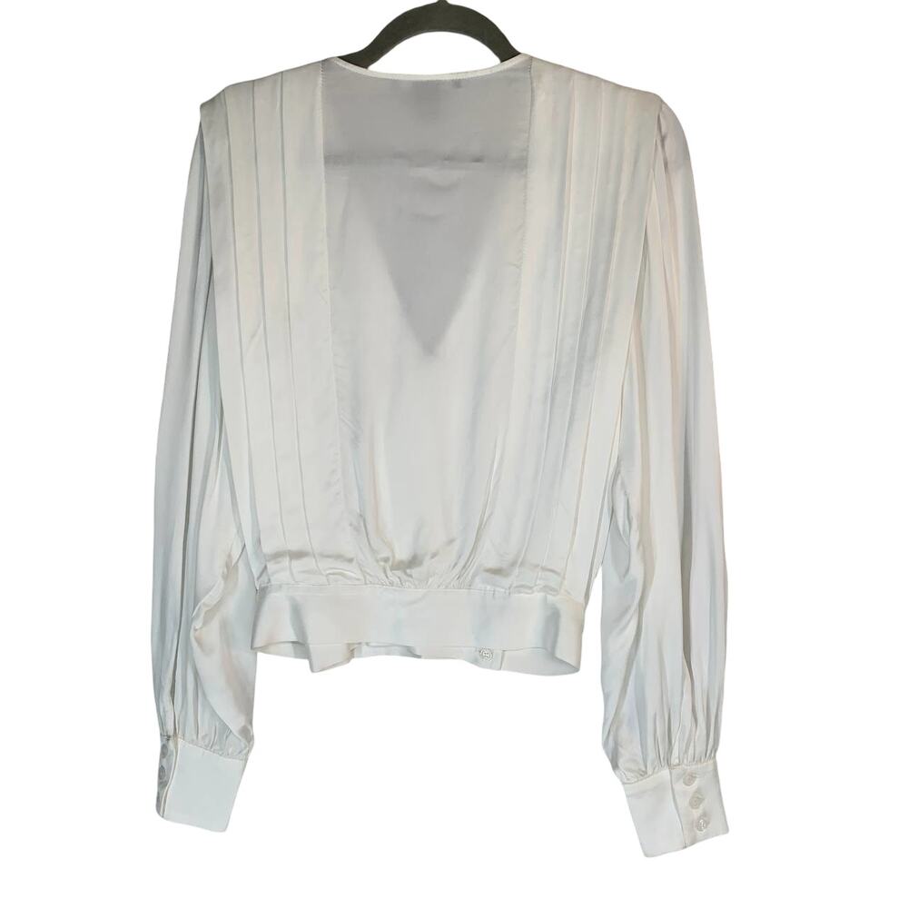 SMYTHE Women Pleated Crossover Blouse M Ivory Satin Viscose Top Balloon Sleeve - Picture 10 of 11